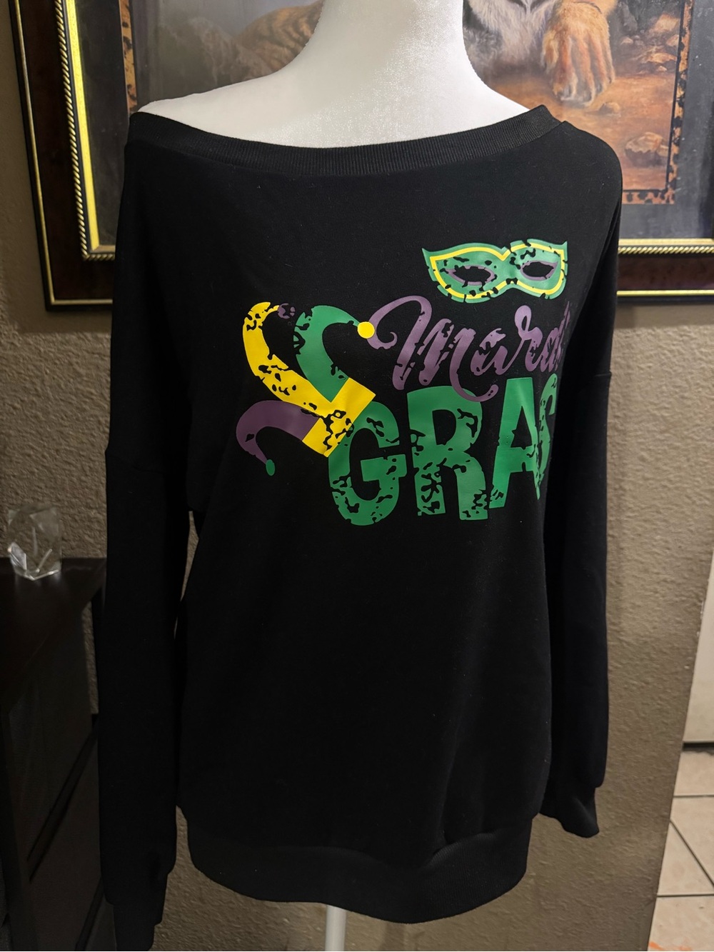 Black Off-the-Shoulder Mardi Gras Graphic Sweater
